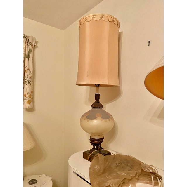Vintage Hollywood Regency Mid Century Table Lamp - Brass, Blue Milk Glass, Gold Stenciled For Sale - Image 9 of 9