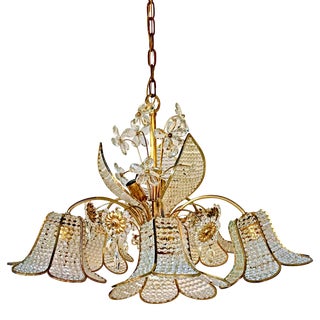 Vintage Palwa 8-Light Beaded Floral Shaded Crystal Chandelier For Sale
