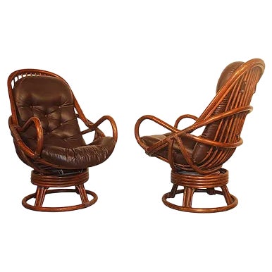 Set of Rattan & Leather Swivel Lounge Chairs, 1960s For Sale