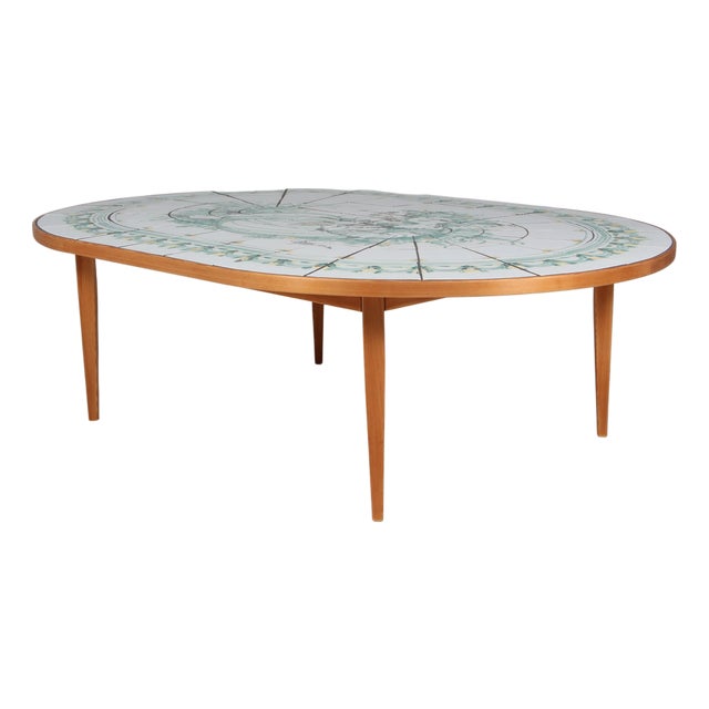 Pine Coffee Table with Painted Tiles by Bjørn Wiinblad, 1970s For Sale