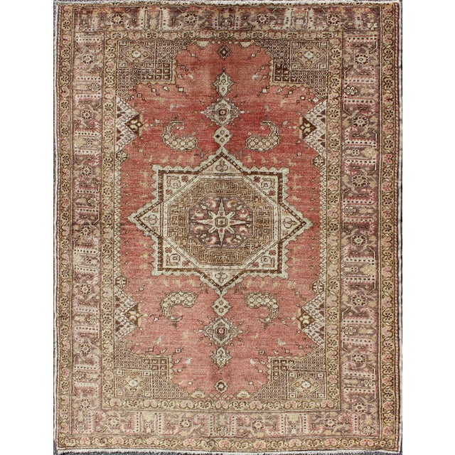 Textile Vintage Turkish Oushak Rug With Geometric Star Medallion in Red, Ivory and Taupe For Sale - Image 7 of 7
