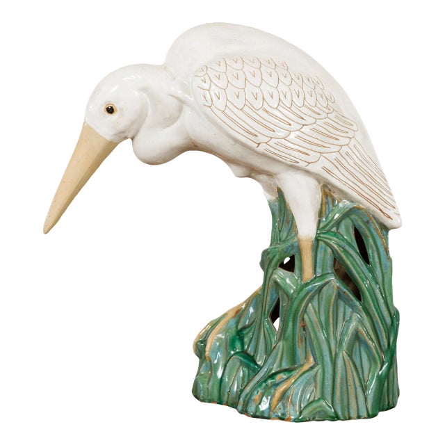 Vintage White and Cream Glazed Ceramic Heron Bird Sculpture For Sale
