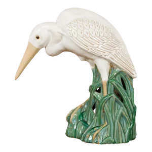 Vintage White and Cream Glazed Ceramic Heron Bird Sculpture