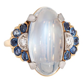 1940s Retro Vintage Moonstone Sapphire Ring Diamond Size 6.25 14k Gold Palladium For Sale