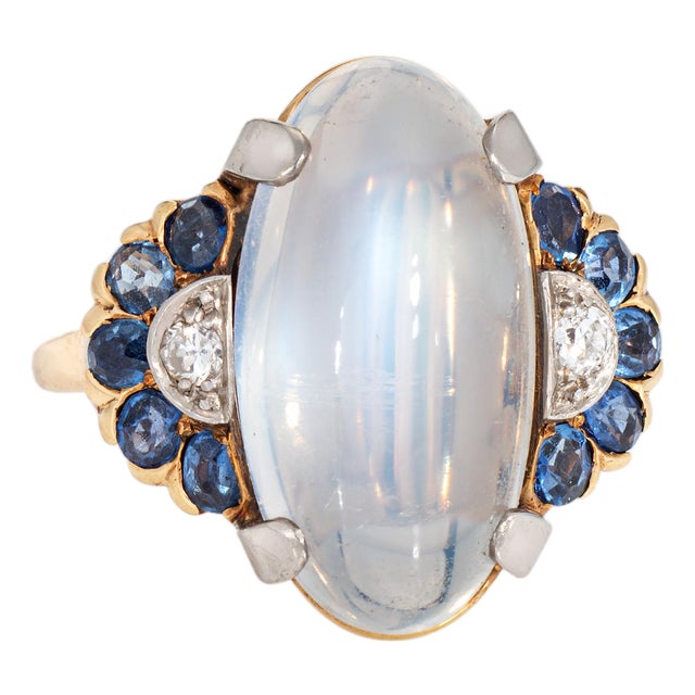 1940s Retro Vintage Moonstone Sapphire Ring Diamond Size 6.25 14k Gold Palladium For Sale