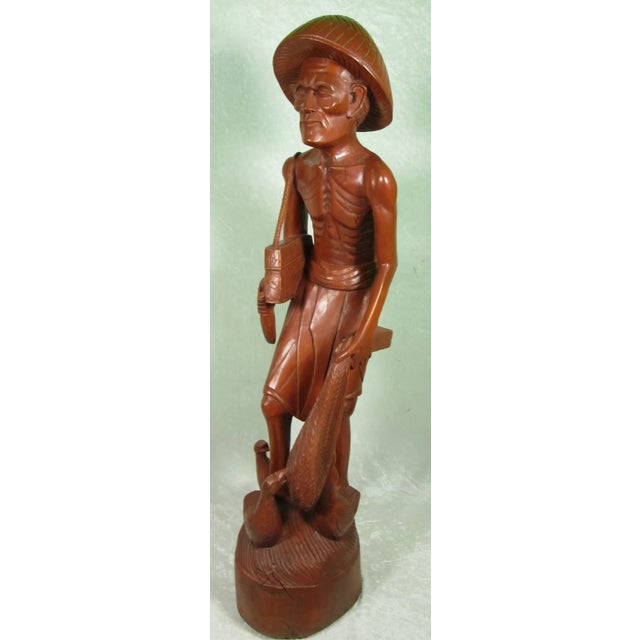 Wood Mid 20th Century Carved Wooden Asian Fisherman Figurine Sculpture For Sale - Image 7 of 12