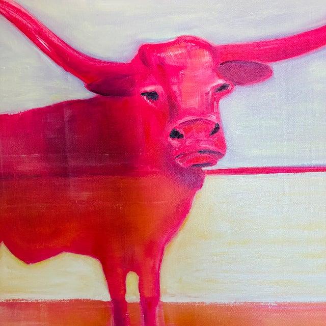 2020s Western Country Cowboy Pink Longhorn Steer Original Oil Painting, in Teak Wood Frame by Tatiana Duperault For Sale - Image 5 of 5