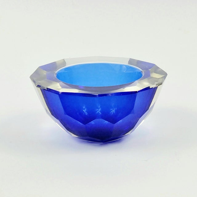 Stellar faceted glass bowl/catch-all by Alessandro Mandruzzato (Murano, Italy, 1970s). Made of very thick & heavy blue...