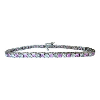 Vintage 14k White Gold Pink Sapphire and Diamond Tennis Bracelet For Sale