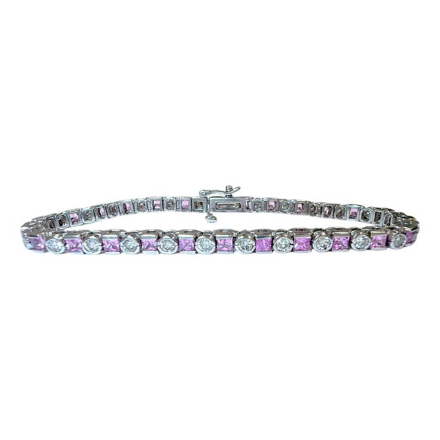 Vintage 14k White Gold Pink Sapphire and Diamond Tennis Bracelet For Sale