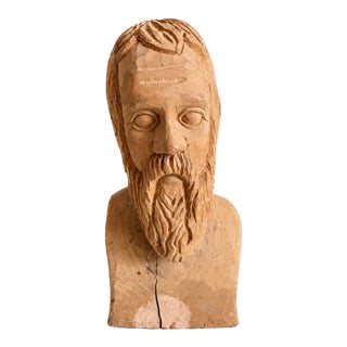 Vintage Hand-Carved Folk Art Wood Bearded Man Bust Sculpture For Sale