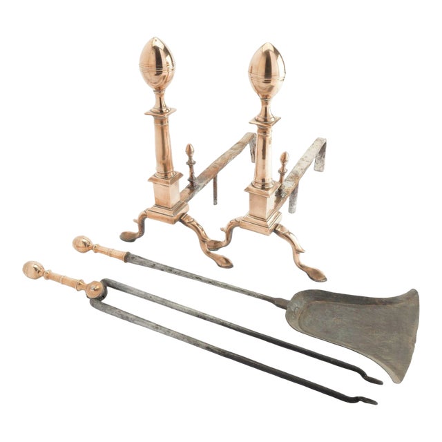 Boston Bell Metal Lemon Top Andirons With Matching Fire Tools, C. 1790 For Sale