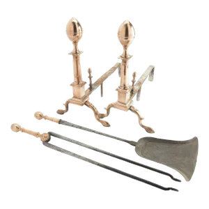 Boston Bell Metal Lemon Top Andirons With Matching Fire Tools, C. 1790