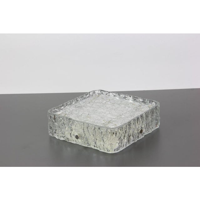 A wonderful small square murano ice glass flush mount manufactured by kaiser leuchten in germany, 1970s. Thickly textured...