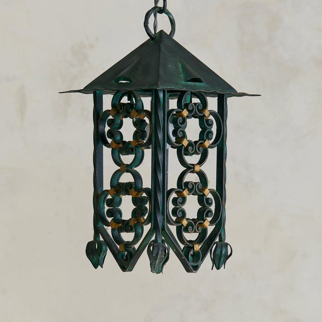 Modern Vintage French Verdigris Wrought Iron Lantern Pendant - 2 Available For Sale - Image 3 of 7