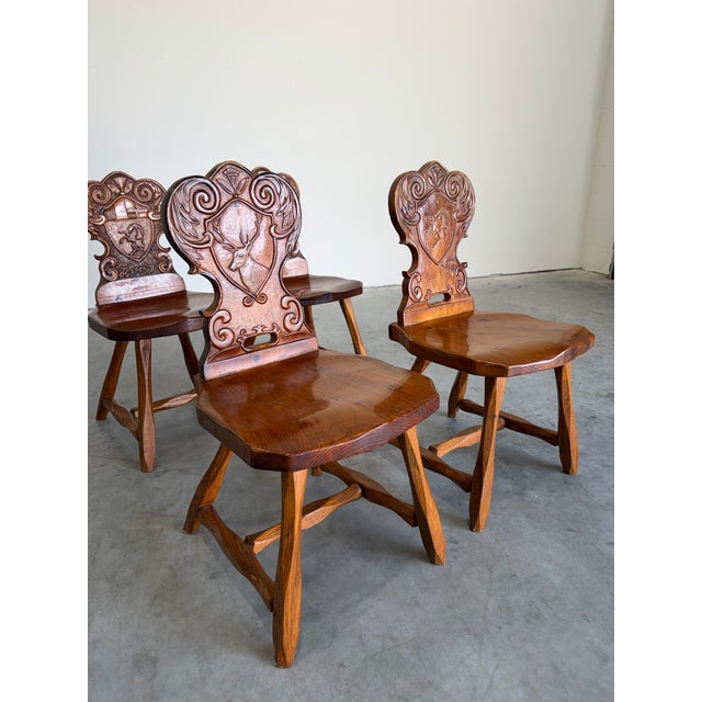Rustic European Vintage Brutalist Tyrolean Swiss Alpine Carved Pine Dining Chairs, Set of 4 For Sale - Image 3 of 12