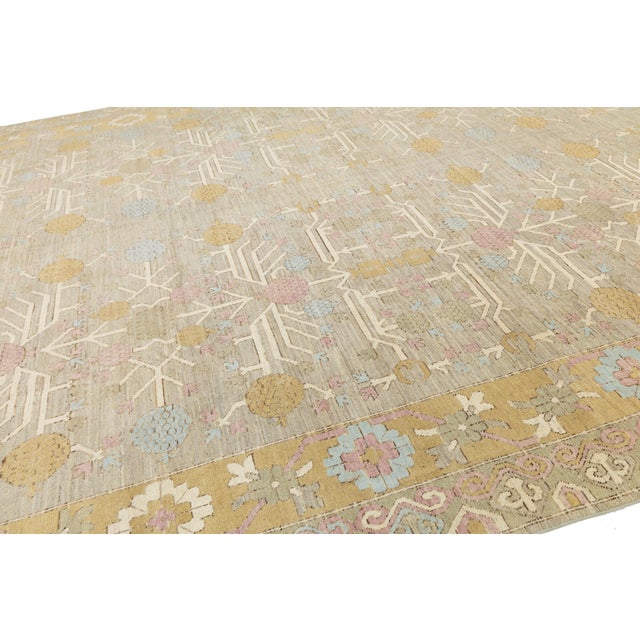 13 X 16 Modern Khotan Style Wool Rug Handmade in Beige With Geometric Pattern For Sale - Image 9 of 10