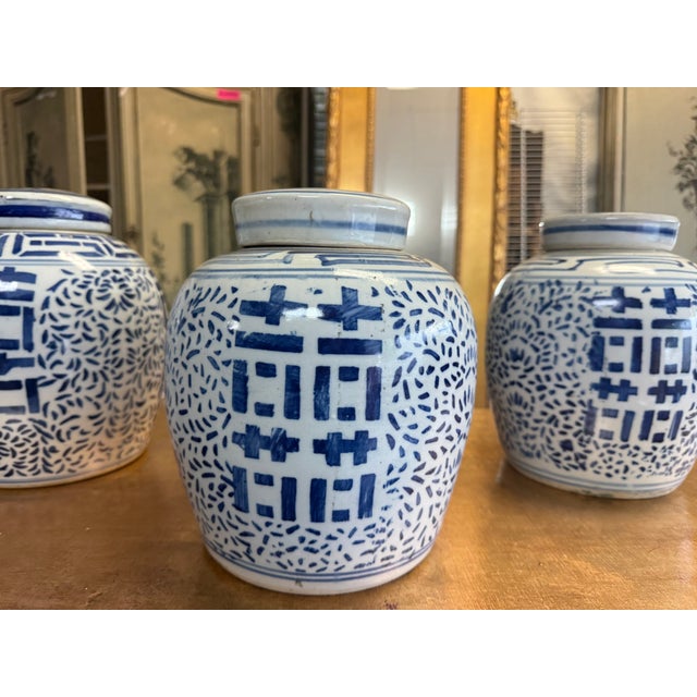 Mid 20th Century Mid-Century Chinese Blue & White Double Happiness Pottery Ginger Jars - S/3 For Sale - Image 5 of 6
