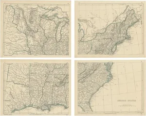 Antique Map of the United States by Lowry, 1852, Set of 4