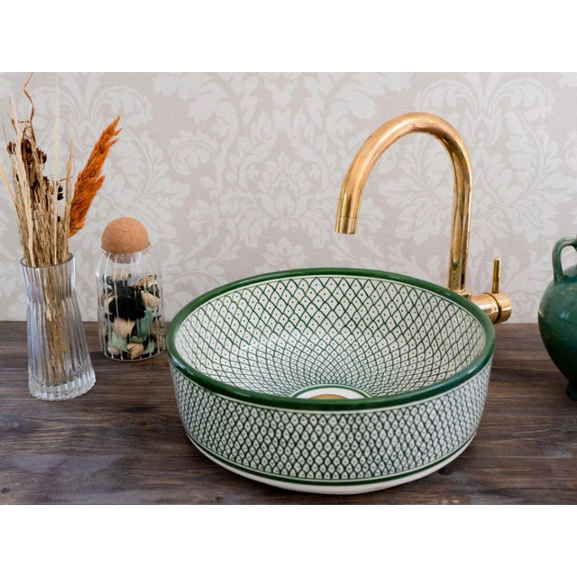 2020s Moroccan Handmade Green Vessel Ceramic Sink for Bathroom For Sale - Image 5 of 5