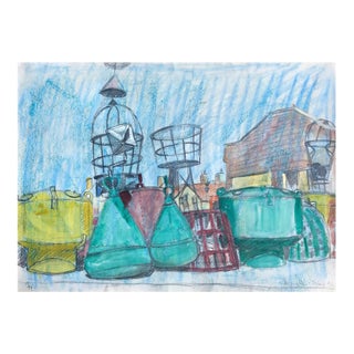 1991 Josie Capstick Harwich Dock Scene Painting For Sale