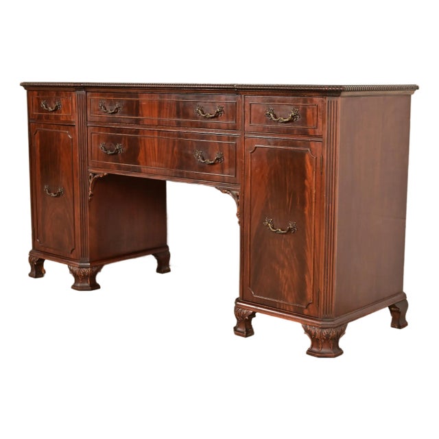 Baker Furniture Style Chippendale Carved Flame Mahogany Sideboard Buffet, Circa 1940s For Sale