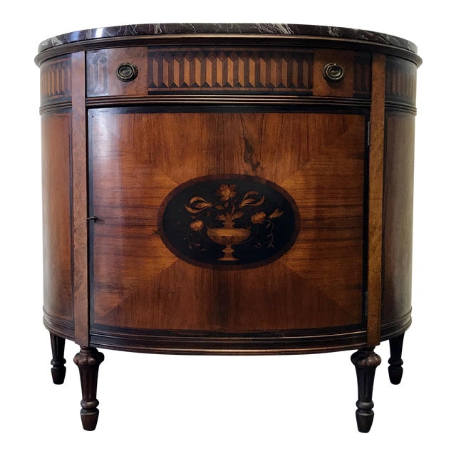 Inlaid Marquetry Marble Top Demilune Console Chest by Johnson