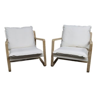 Pair of Washed Oak Sling Lounge Chairs With White Linen Cushions For Sale