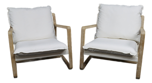 Pair of Washed Oak Sling Lounge Chairs With White Linen Cushions