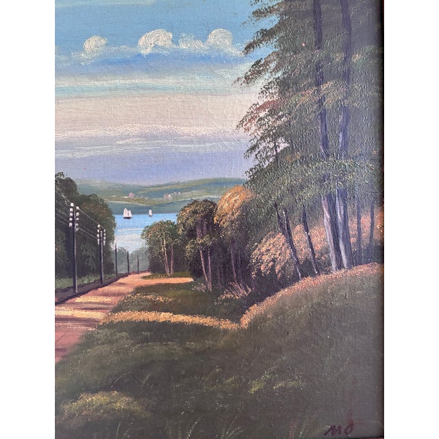 This original vintage oil painting, created around 1960, shows a tree-lined coastal promenade leading towards the sea. The...