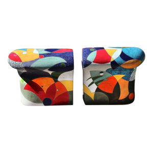 "FanTail" by Michael Gustavson, Raku Ceramic Functional Bench Sculpture, Two-Part Form, Contemporary California Art, Vibrant Colors