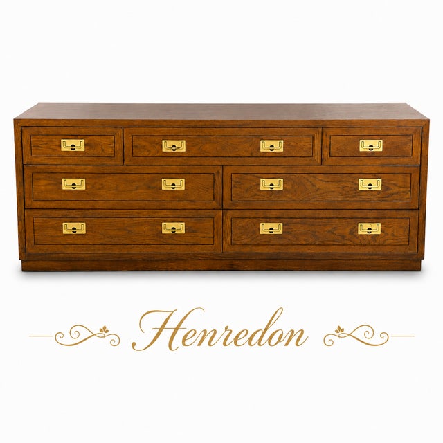 1970s Henredon Campaign Style Triple Dresser / Credenza in Warm Walnut With Brass Hardware For Sale - Image 5 of 12
