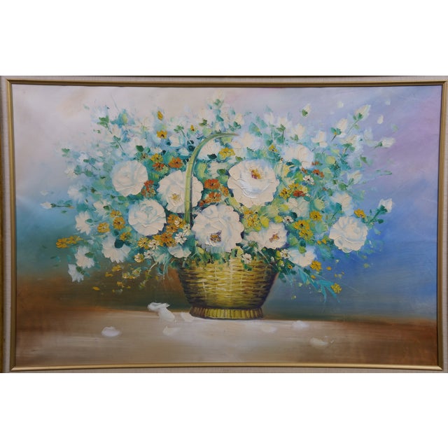 Vintage Impressionist Floral Oil Painting White Roses in Basket Framed 41" For Sale - Image 6 of 10