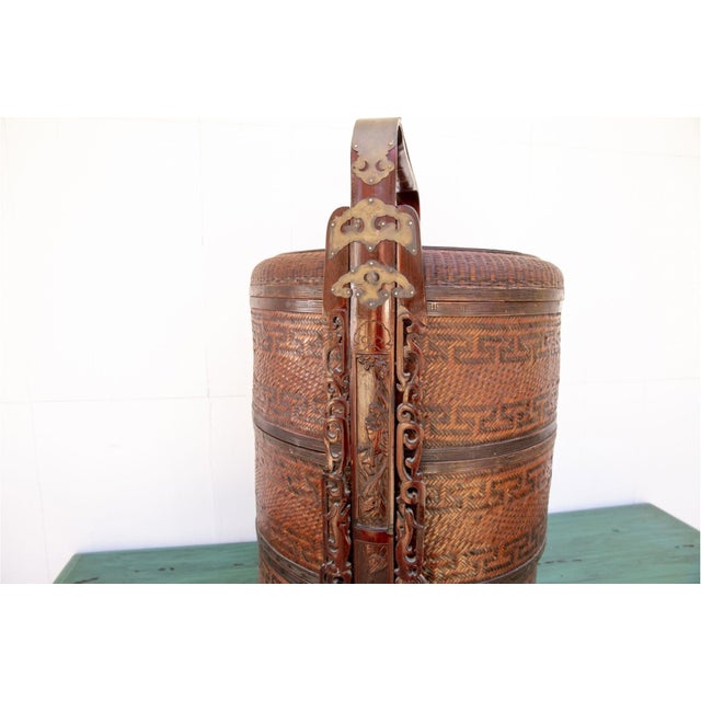Chinese Antique Chinese Woven Bamboo Wedding Basket For Sale - Image 3 of 14