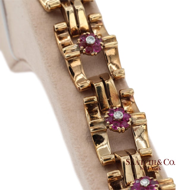 Gold Vintage 0.15 Ct Natural Diamond and 1.20 Ct Ruby Bracelet in 14k Rose Gold For Sale - Image 8 of 12