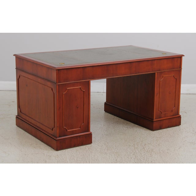 2010s Reprodux English Yew Wood Green Leather Top Desk For Sale - Image 5 of 18