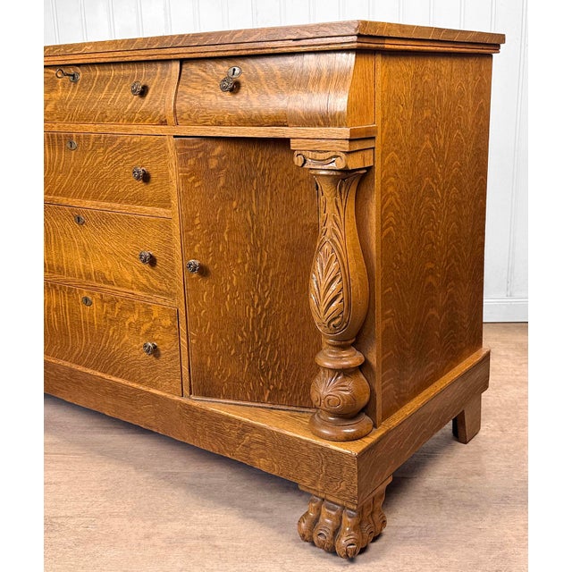 Wood Antique Empire Quarterawn Oak Lions Paw Carved Sideboard Buffet Server For Sale - Image 7 of 18