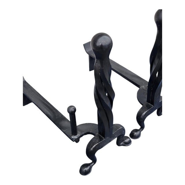 19th C Wrought Iron Twisted Andirons Hand Forged Fireplace Tools Antique For Sale - Image 15 of 18