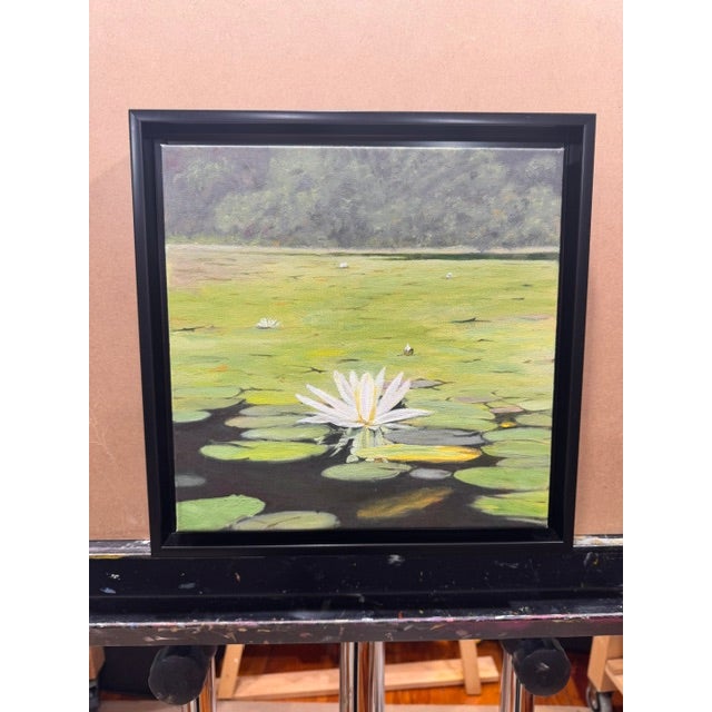 Lotus on the Pond 14 H x 14 W in. By Kathleen Varadi A serene contemporary landscape featuring a single white lotus...