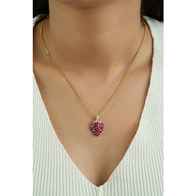Whimsical Ruby Strawberry Pendant 2.55ct in 14k Yellow Gold With Pave Diamonds For Sale - Image 11 of 16