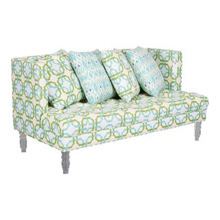 Contemporary Designer Acrylic Leg Settee With Button Tufted Seat and Tight Back For Sale