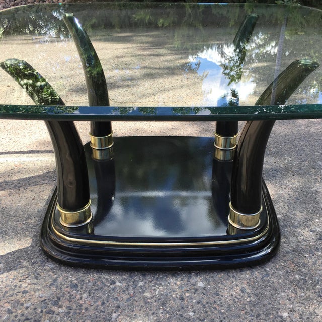 Mid 20th Century Mid 20th Century Postmodern Faux Elephant Tusk Glass Top Coffee Table in Black Lacquer Manner of Henredon For Sale - Image 5 of 13
