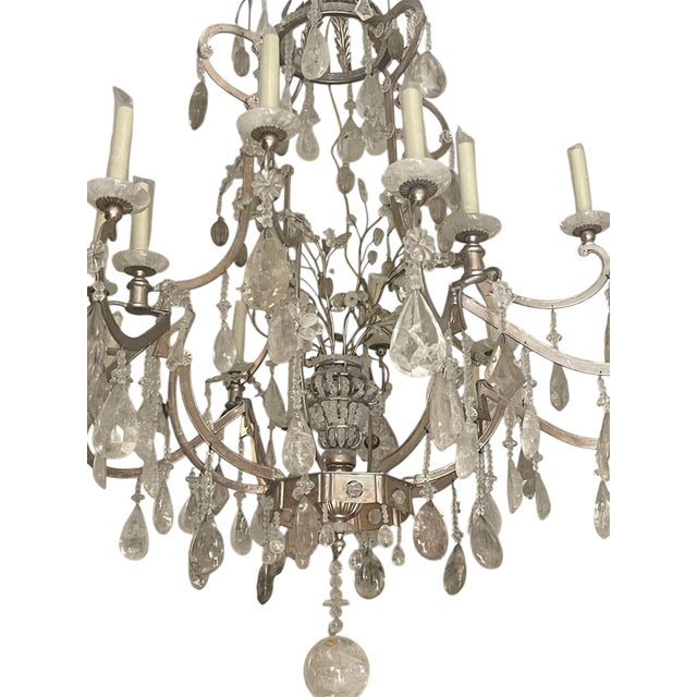 Italian Large Vintage Italian Rock Crystal and Silver Leaf Chandelier, 20th Century. For Sale - Image 3 of 5