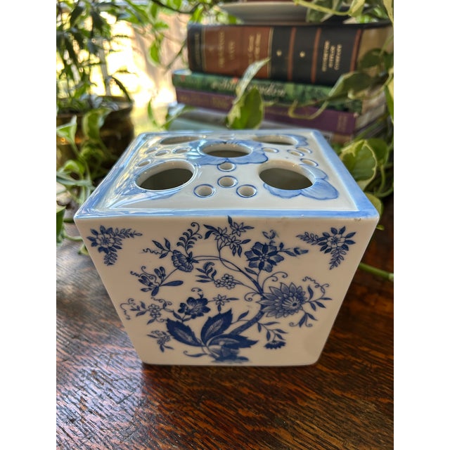 1980’s Andrea by Sadek Blue and White Flower Frog Vase Chairish