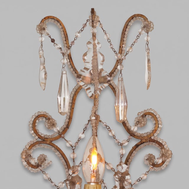Three-Light Louis XV Style Wall Sconces in Gilt Iron with Glass Beads and Crystal Drops, 1930s, Set of 2 For Sale - Image 3 of 9