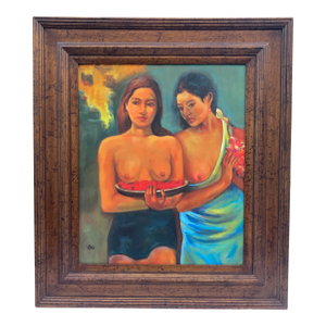 "Two Tahitian Women" - Framed Figurative Expressionist Oil Painting on Canvas by Cyndy Ortiz (After Paul Gauguin)