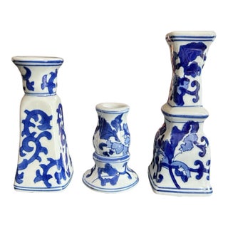 Vintage Silvestri Blue and White Ceramic Candlestick Holders- Set of 3 For Sale
