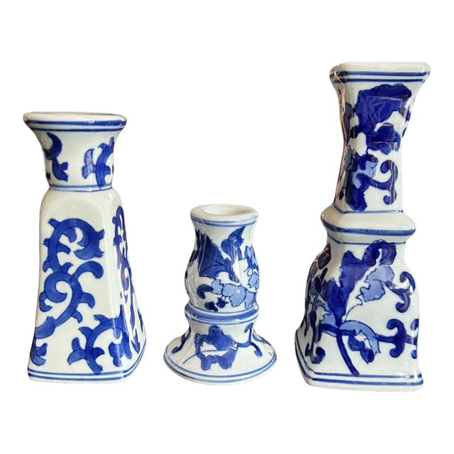 Vintage Silvestri Blue and White Ceramic Candlestick Holders- Set of 3 For Sale