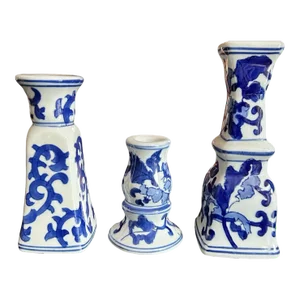 Vintage Silvestri Blue and White Ceramic Candlestick Holders- Set of 3