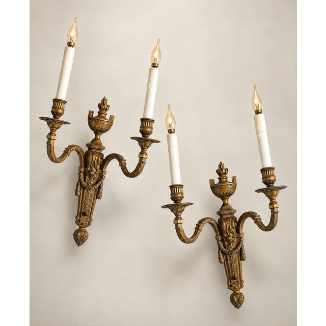 Antique French Louis XVI Style Twin-Light Wall Sconces - Gilt Bronze Ormolu Neoclassical Double Arm Wall Lights, Late 19th...